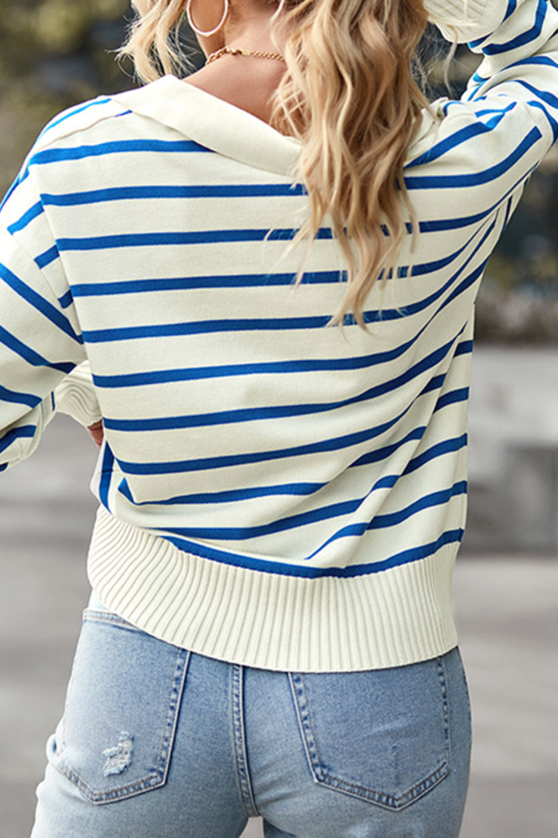 Casual Striped Patchwork Turndown Collar Tops Sweaters