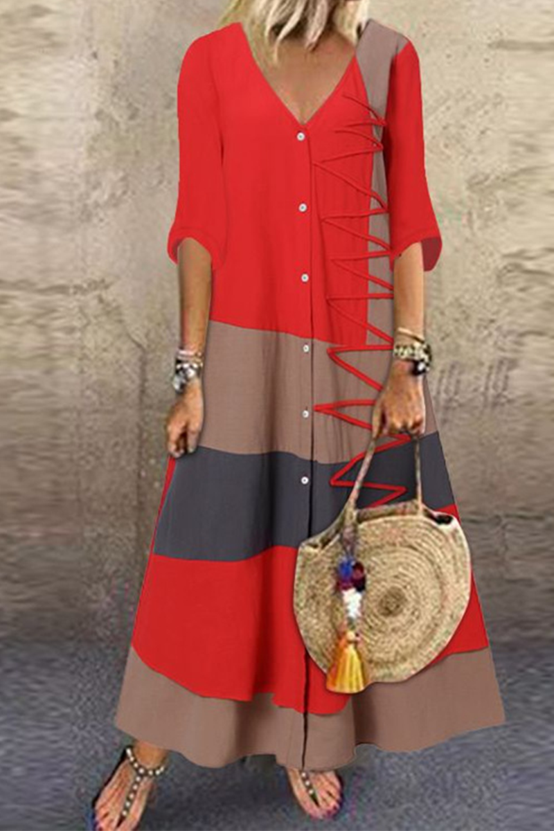 Fashion Patchwork Buttons V Neck Straight Dresses Maxi Dresses