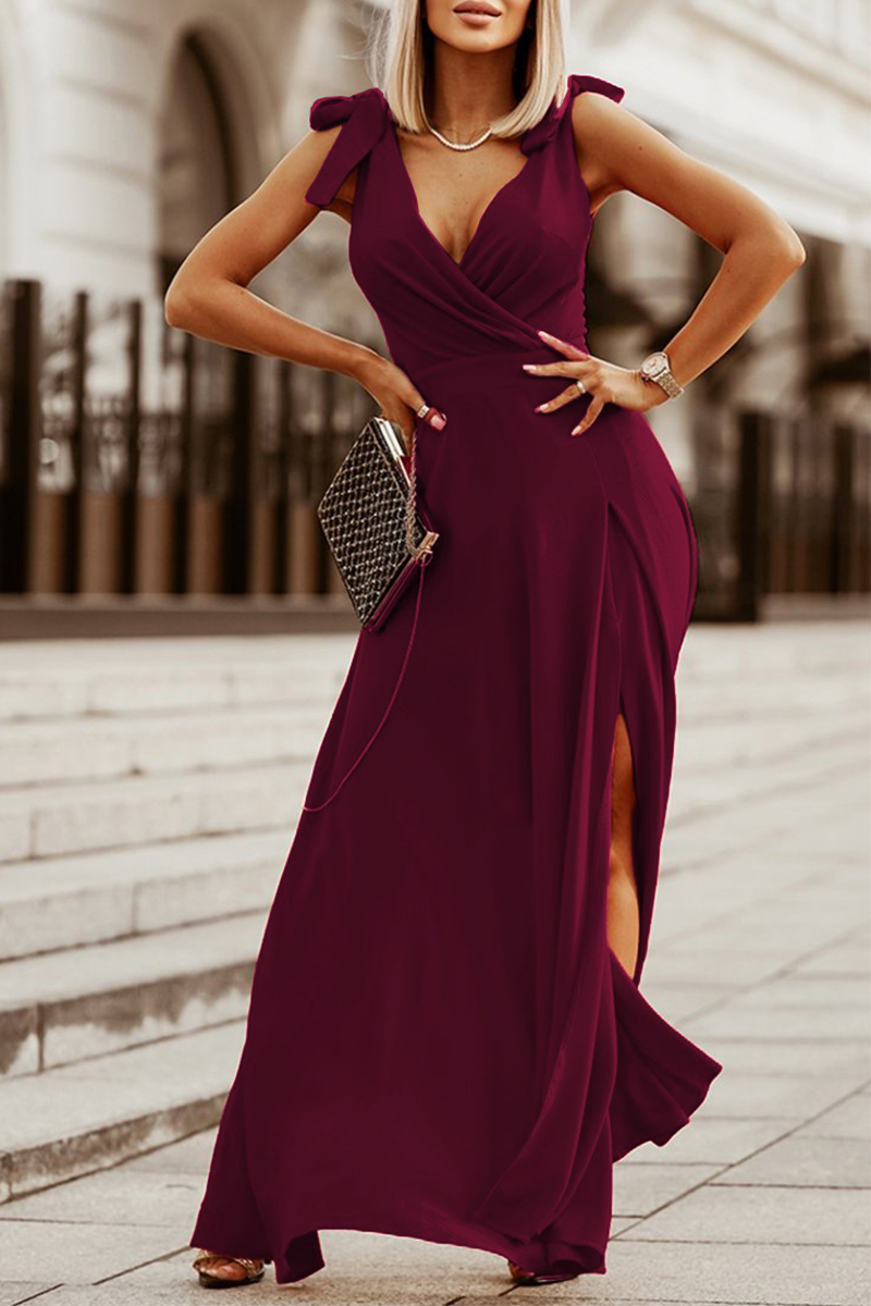 Casual Solid Bandage V Neck Cake Skirt Dresses Maxi Dresses