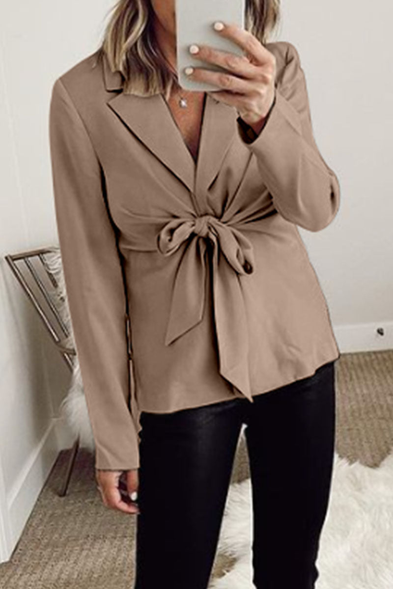 Elegant Solid Patchwork Strap Design Turndown Collar Outerwear(3 colors)