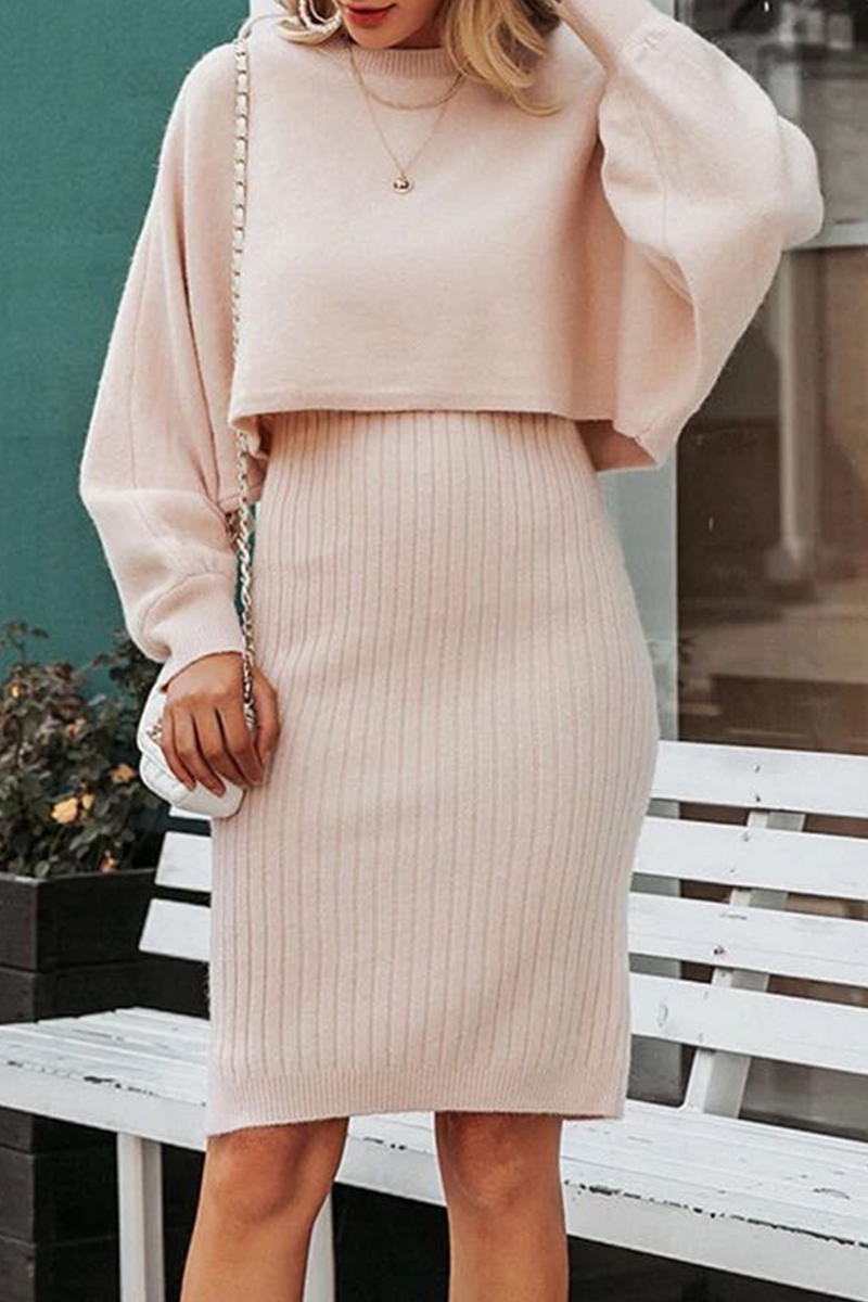 Casual Solid Patchwork O Neck Long Sleeve Two Pieces Bodycon Dresses