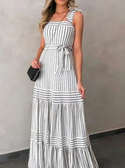 Sexy Casual Striped Bandage Patchwork Spaghetti Strap Pleated Dresses