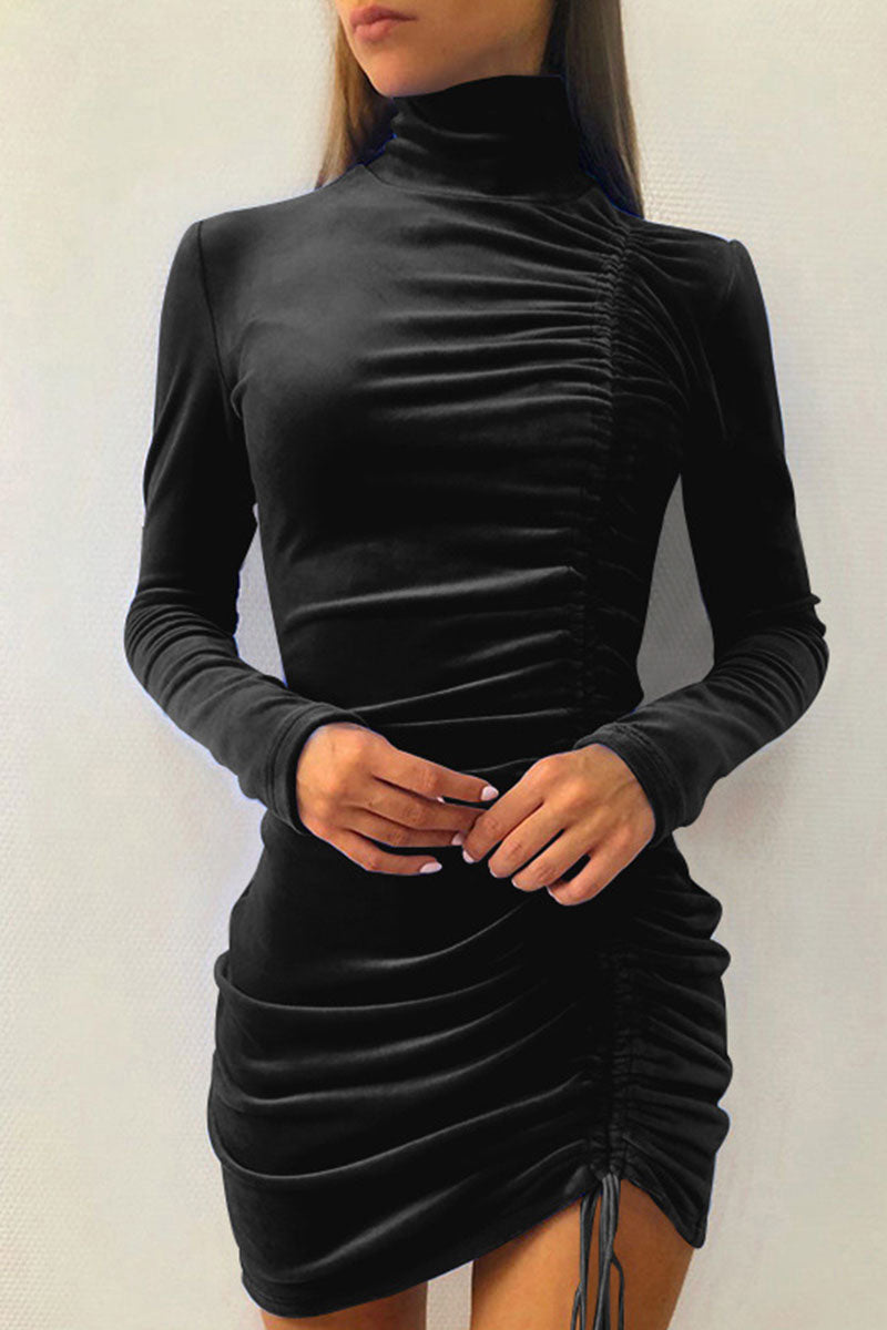 Sexy Elegant Solid Draw String Half A Turtleneck Wrapped Skirt Dresses