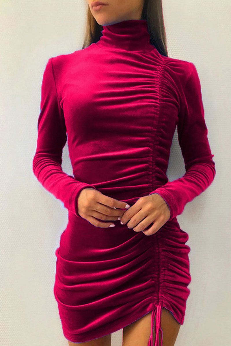 Sexy Elegant Solid Draw String Half A Turtleneck Wrapped Skirt Dresses