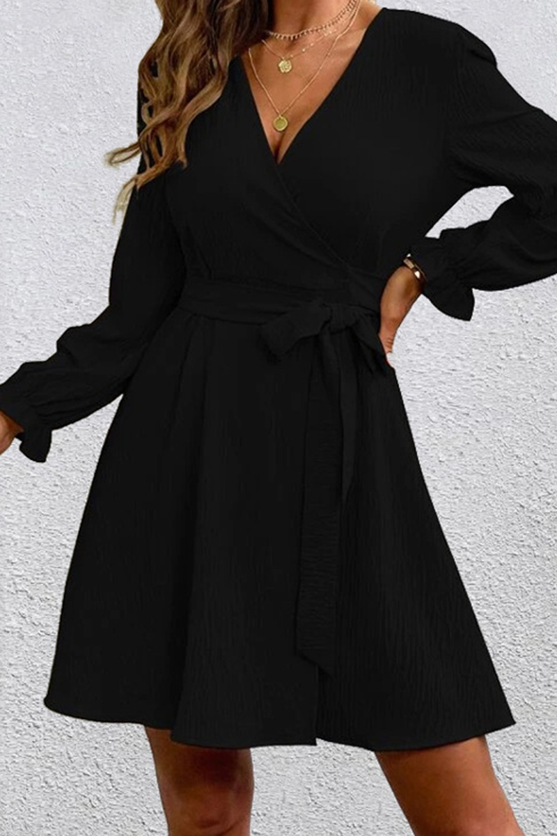 Casual Solid Patchwork V Neck Waist Skirt Dresses