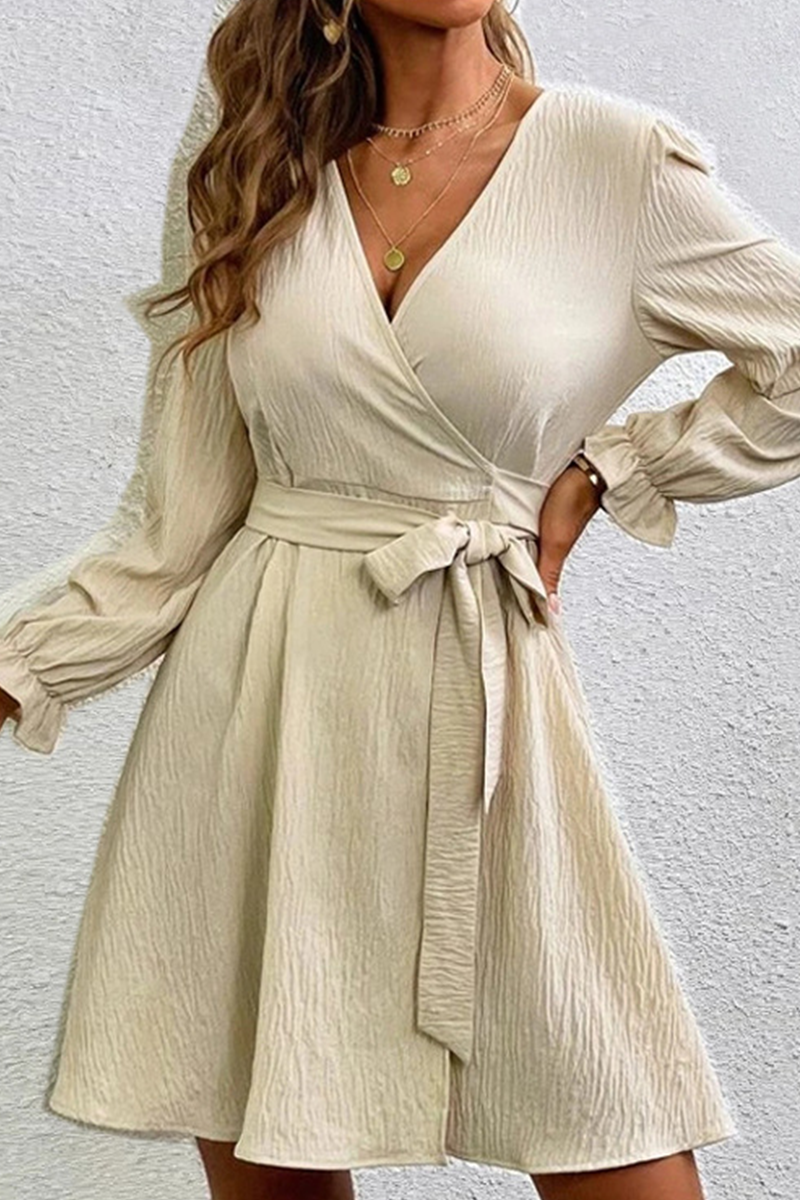 Casual Solid Patchwork V Neck Waist Skirt Dresses