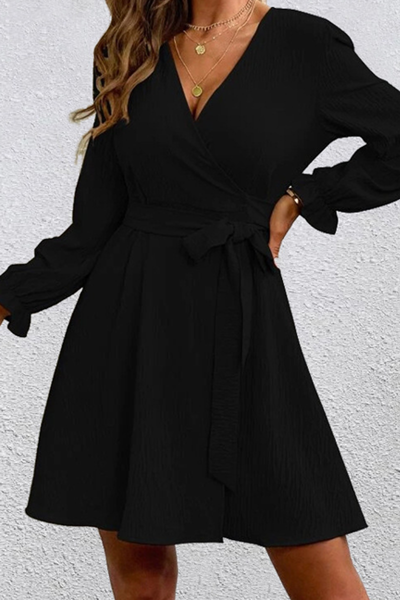 Casual Solid Patchwork V Neck Waist Skirt Dresses