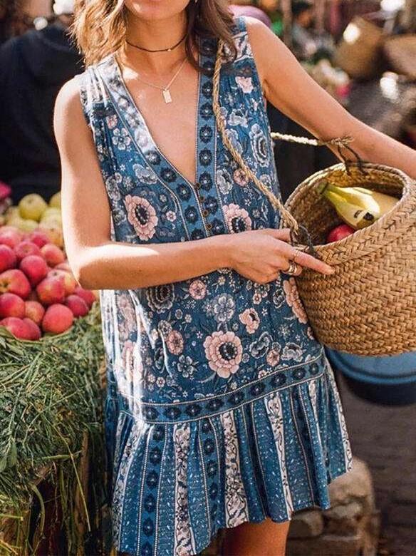 Casual Print V neck Sleeveless Falbala Shift Dresses