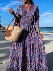 Fashion Print Printing V Neck Beach Dresses(3 colors)
