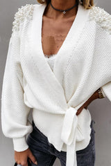 Casual Elegant Solid Beading Strap Design V Neck Sweater Cardigans(3 Colors)