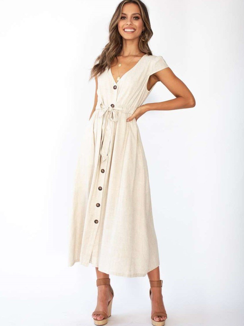 Fashion Pure V neck Short sleeve Fastener Maxi Dresses