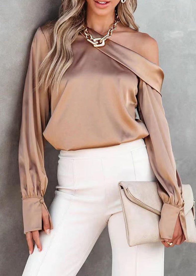 Casual Elegant Solid Patch Solid Color Oblique Collar Tops Blouses