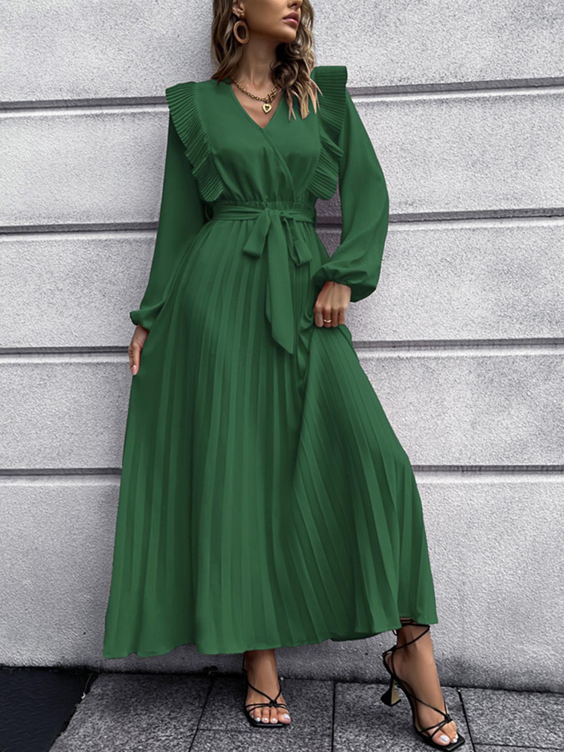 Ruched Lantern Sleeve Ruffle Midi Dresses Maxi Dresses