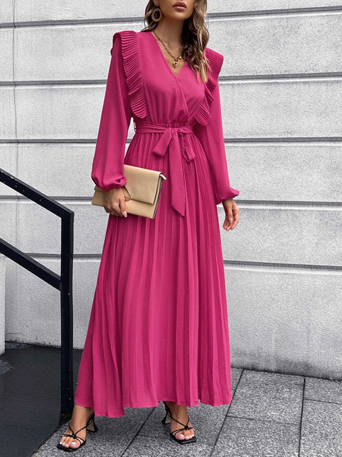 Ruched Lantern Sleeve Ruffle Midi Dresses Maxi Dresses