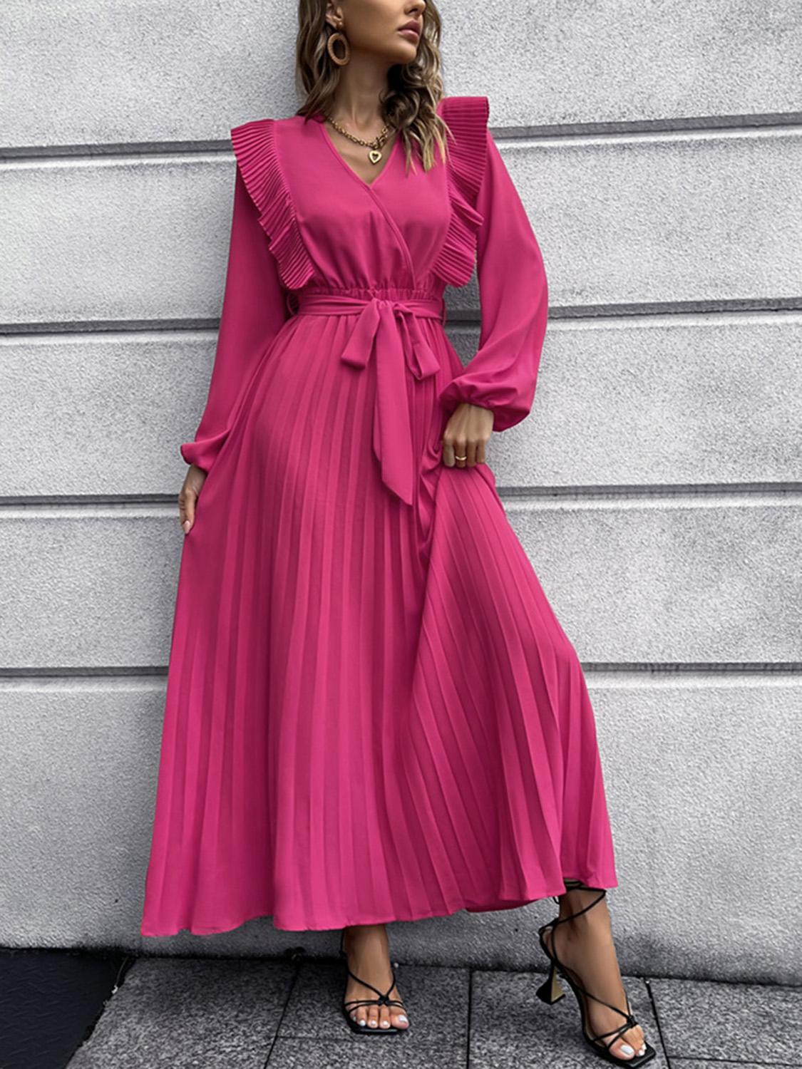 Ruched Lantern Sleeve Ruffle Midi Dresses Maxi Dresses