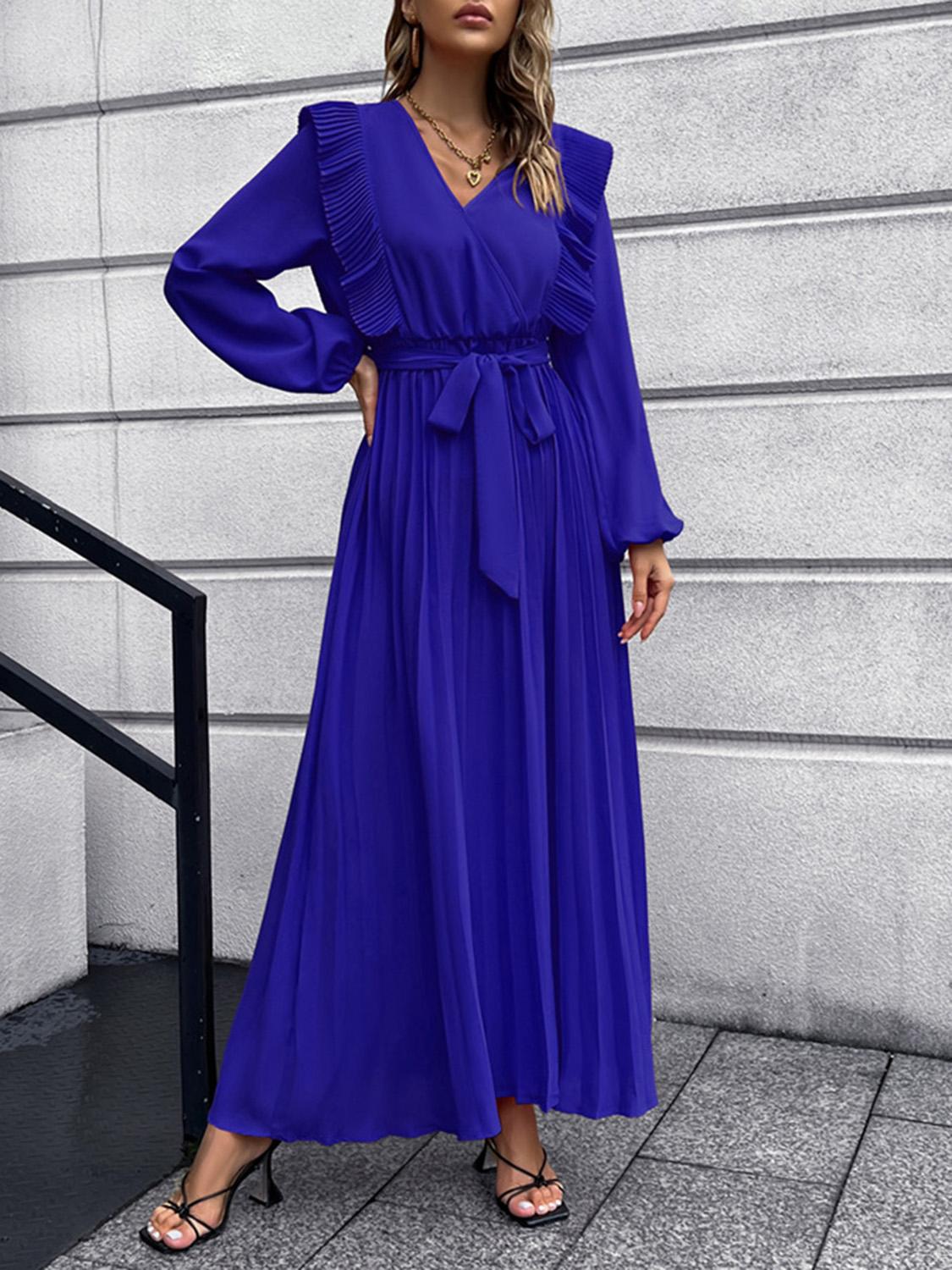 Ruched Lantern Sleeve Ruffle Midi Dresses Maxi Dresses