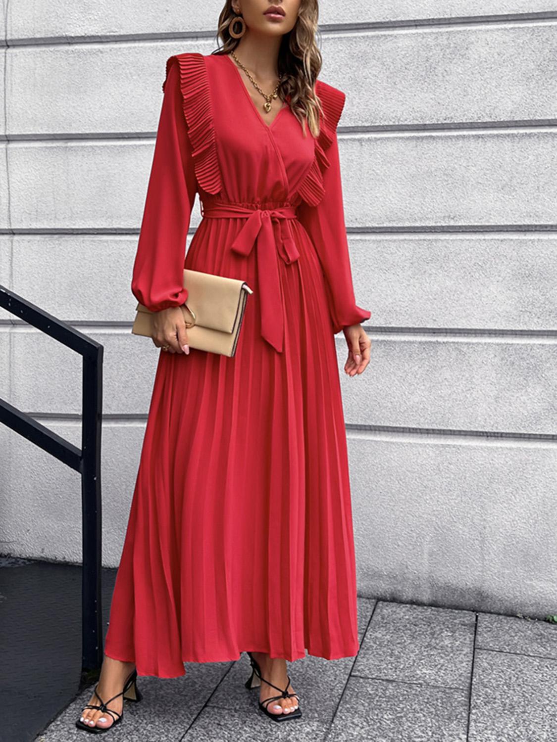 Ruched Lantern Sleeve Ruffle Midi Dresses Maxi Dresses