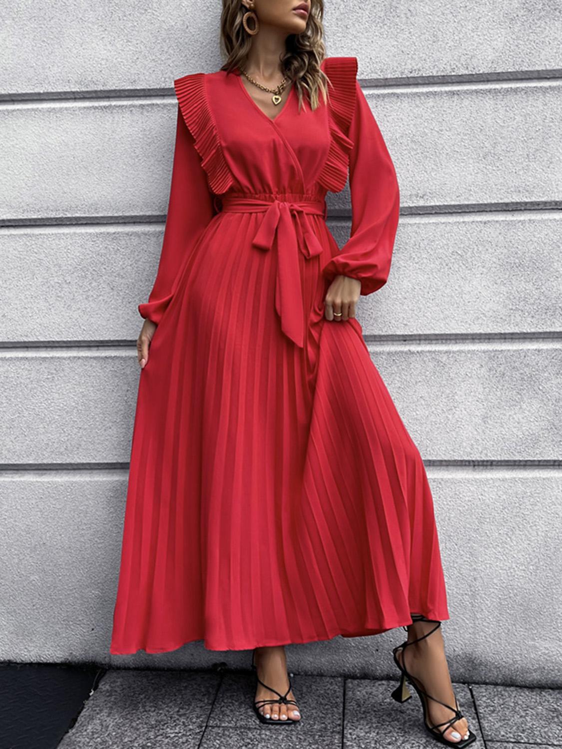 Ruched Lantern Sleeve Ruffle Midi Dresses Maxi Dresses