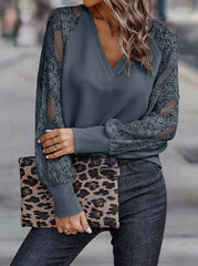 Casual Solid Lace V Neck Tops Blouses