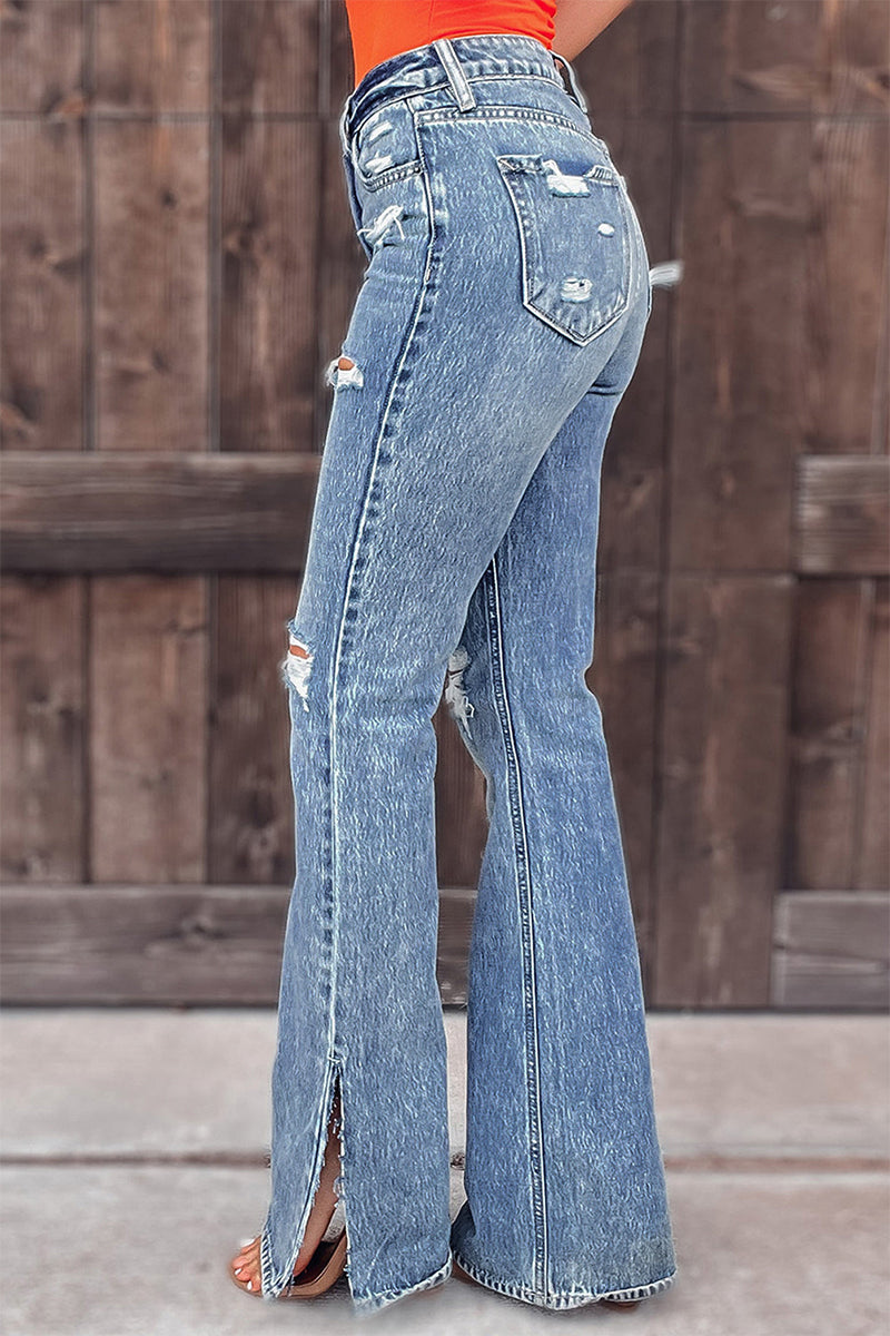 Street Solid Ripped Mid Waist Straight Denim Jeans