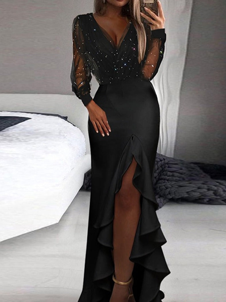 Casual Elegant Patchwork Sequined V Neck Irregular Dress Evening Dresses