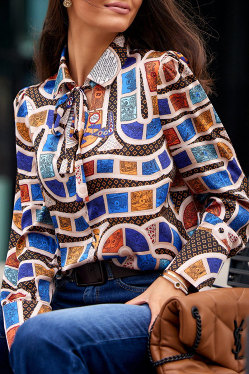 Elegant Print Patchwork Shirt Collar Tops Blouses