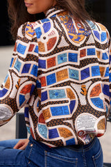 Elegant Print Patchwork Shirt Collar Tops Blouses