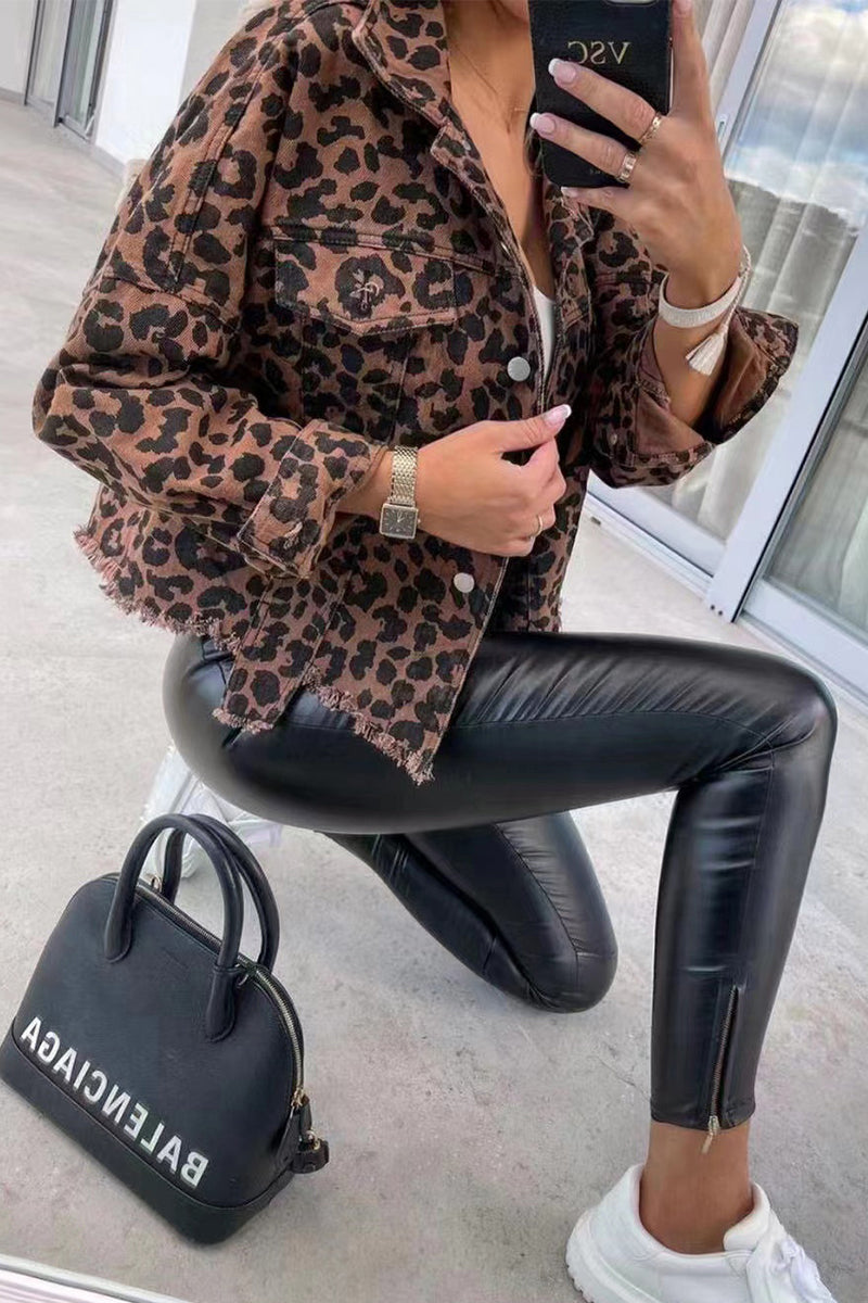 Animal Print Printing Turndown Collar Outerwear