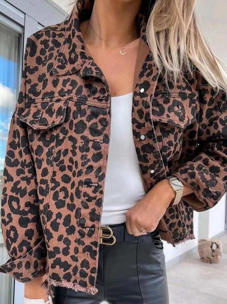 Animal Print Printing Turndown Collar Outerwear