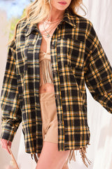 Street Plaid Tassel Turndown Collar Tops