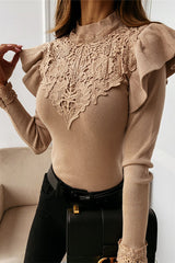 Elegant Solid Lace Half A Turtleneck T-shirts