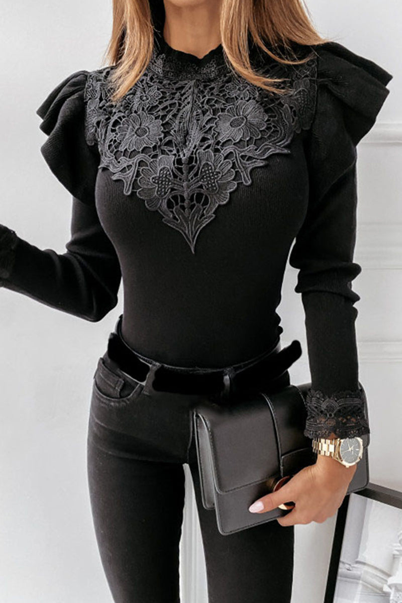 Elegant Solid Lace Half A Turtleneck T-shirts