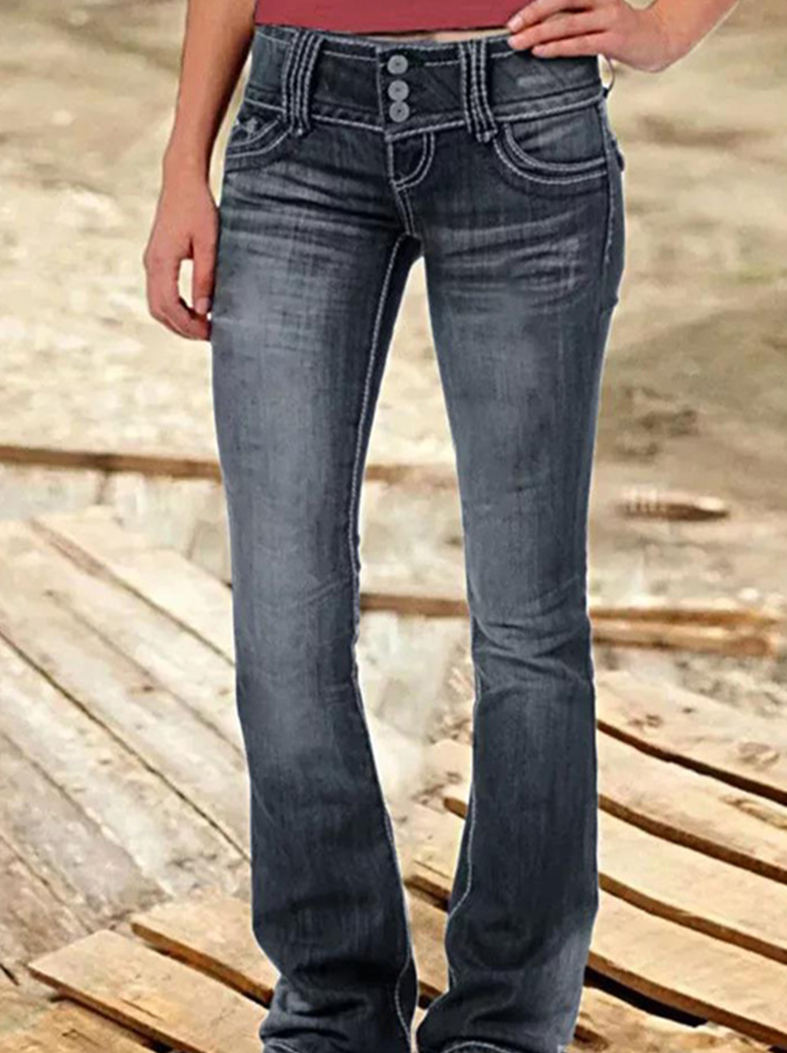 Street Patchwork Ripped High Waist Boot Cut Denim Jeans