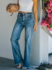 Street Solid Patchwork High Waist Straight Denim Jeans