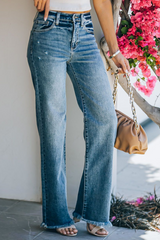 Street Solid Patchwork High Waist Straight Denim Jeans