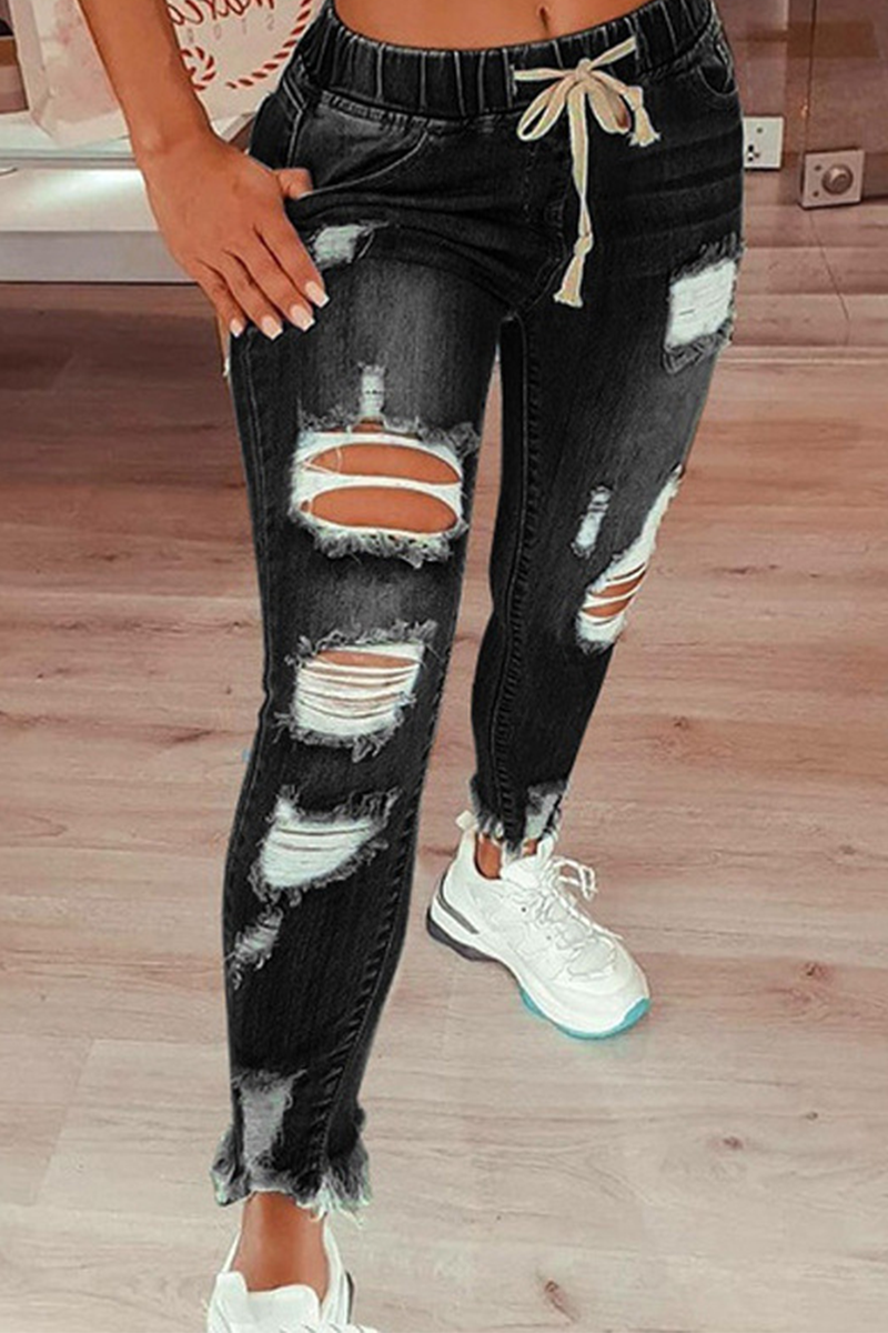 Street Solid Ripped Draw String Skinny Denim Jeans