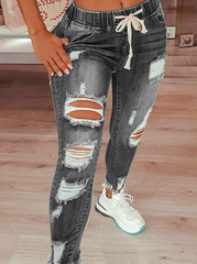 Street Solid Ripped Draw String Skinny Denim Jeans