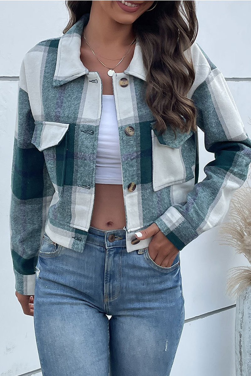 Street Plaid Patchwork Turndown Collar Tops(4 Colors)