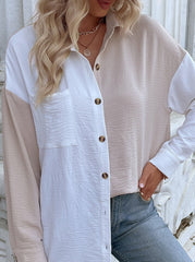 Elegant Color Block Patchwork Turndown Collar Tops