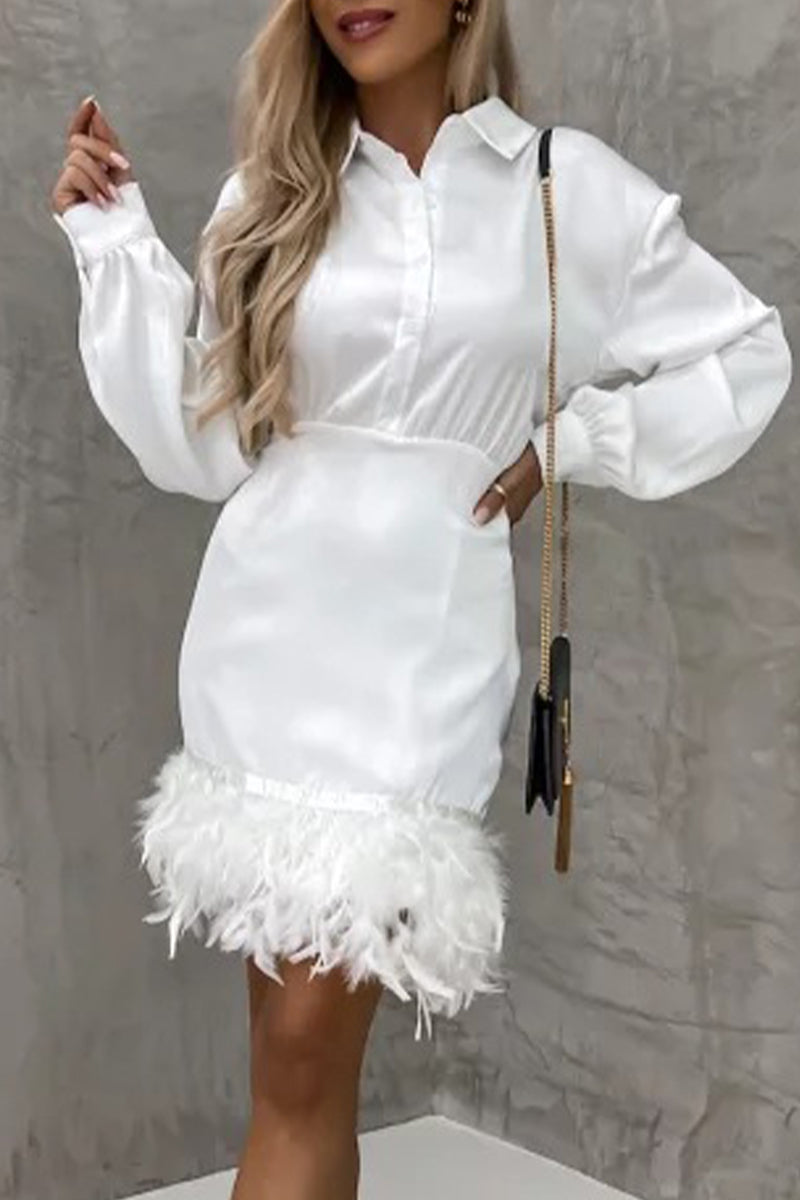 Solid Patchwork Buttons Feathers Turndown Collar Wrapped Skirt Dresses