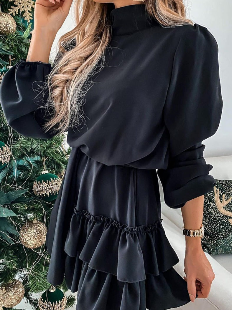 Elegant Solid Flounce Half A Turtleneck Cake Skirt Dresses