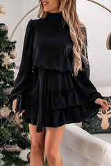 Elegant Solid Flounce Half A Turtleneck Cake Skirt Dresses