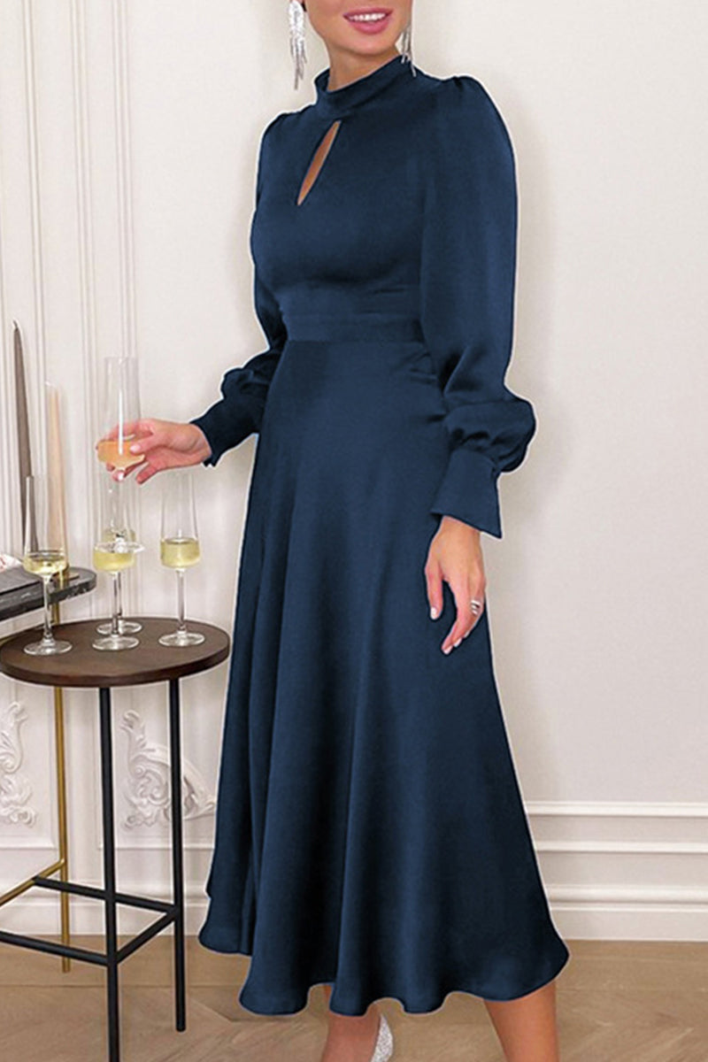 Elegant Solid Hollowed Out Turtleneck A Line Dresses Maxi Dresses