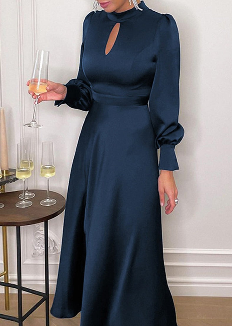 Elegant Solid Hollowed Out Turtleneck A Line Dresses Maxi Dresses