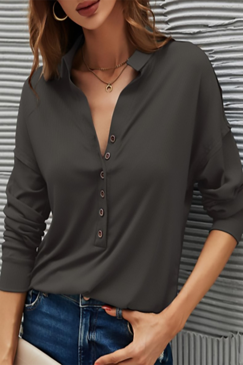 Casual Solid Buttons Solid Color Turndown Collar T-Shirts