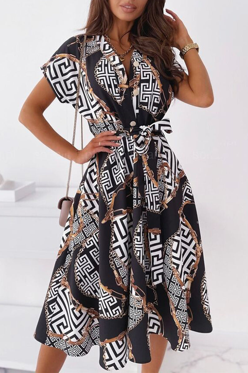 Elegant Print Patchwork V Neck Shirt Dress Dresses