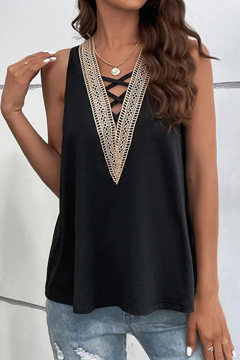 Casual Simplicity Solid Hollowed Out V Neck Tops Vests