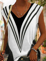 Casual Striped Patchwork V Neck T-Shirts