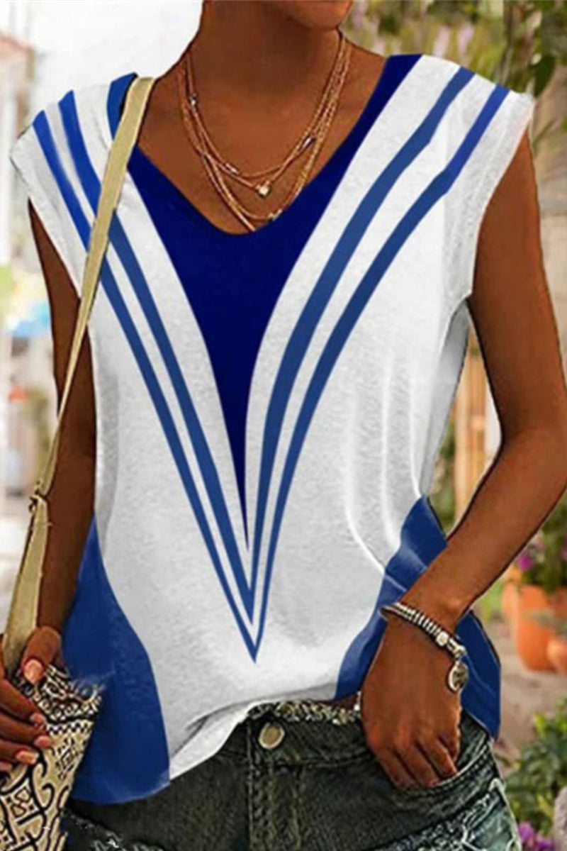 Casual Striped Patchwork V Neck T-Shirts