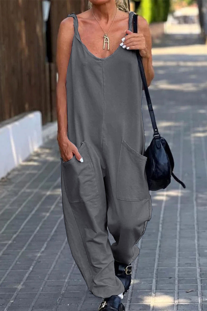 Casual Simplicity Solid Pocket U Neck Loose Jumpsuits